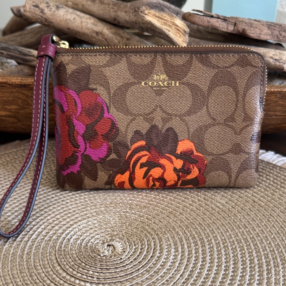 Coach Floral Signature Wristlet - Brown with Pink & Orange Accents NWT